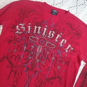 Sinister Y2K Mens XL Grunge Red Thermal Affliction Style‎ Shirt Cross Long Read